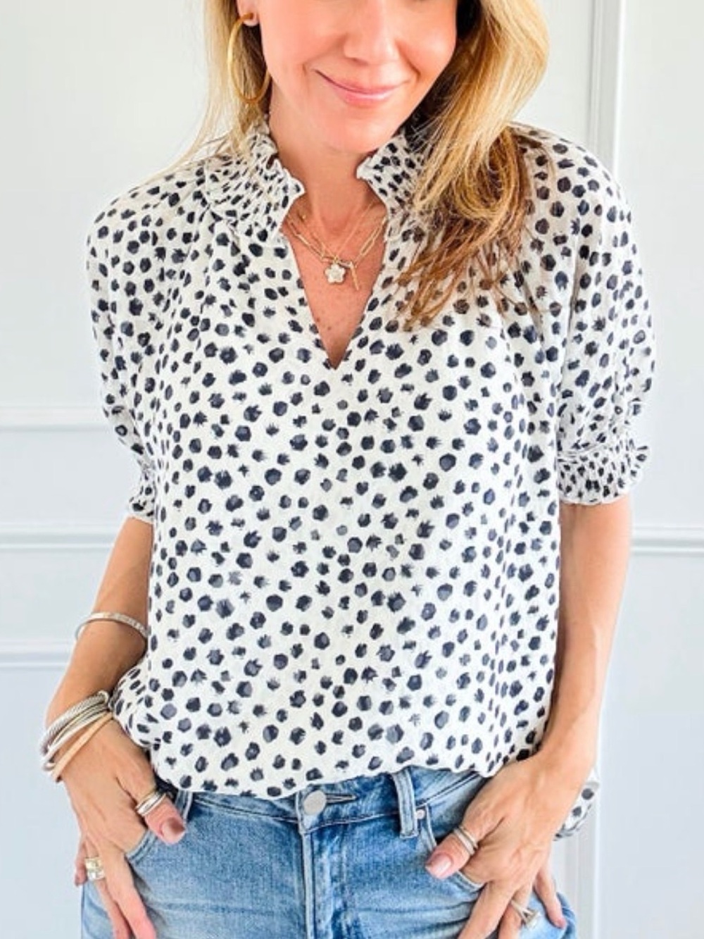 Women’s White & Black Dotted Ruffle Collar Top